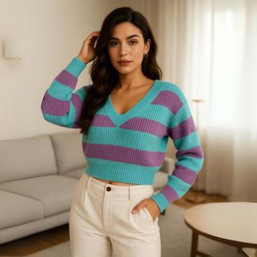 Imagem de Blusa Feminina de Tricot Listrada Gola V Manga Longa Elegante - Vitrin