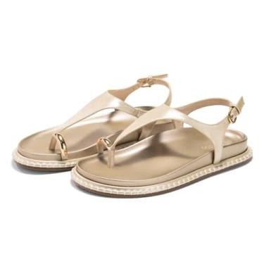 Imagem de Coutgo Sandálias rasteiras femininas confortáveis chinelos tanga palmilha sandália tira no tornozelo verão praia sapatos, Dourado, 35