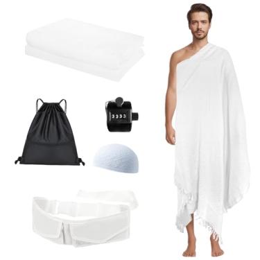 Imagem de Qianliniuinc Conjunto Ihram para homens Umrah - Toalha Ihram 100% algodão 110 x 210 cm, 2 peças, cinto Ihram ajustável, chapéu Kufi, Counter Clicker, bolsa com cordão - Essenciais Umrah completos para