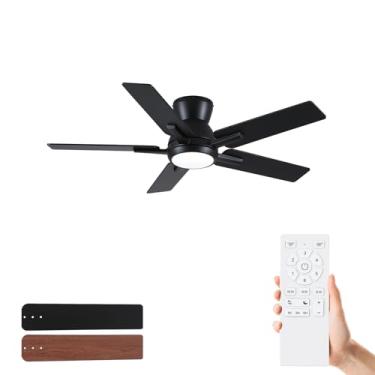 Imagem de Sevenine Ventiladores de teto pretos de 106 cm com luzes e controle remoto, ventilador de teto preto de baixo perfil para quarto, sala de estar, pátio/ao ar livre, motor CC reversível silencioso de 6