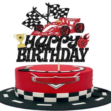 Imagem de 1 pacote de topo de bolo de carro de corrida feliz aniversário glitter vermelho carro troféu bandeira palheta de bolo para meninos meninas crianças festa de aniversário decoração de bolos suprimentos
