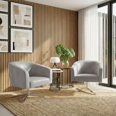 Imagem de Poltrona Sala Decorativa Kit 2 Stella Base Giratória Cromada Sintético Cinza D03 - D'Rossi