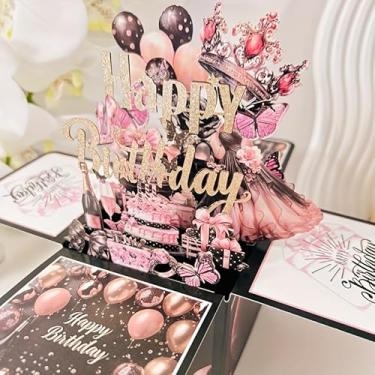 Imagem de Um cartão de aniversário. O design combina elementos como balões, coroas e vestidos, apresentando uma aparência delicada e bonita. É um acessório de presente de aniversário.