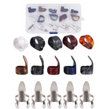 Imagem de Conjunto de palhetas de guitarra de 15 peças - conjunto de palhetas de aço inoxidável com caixa de armazenamento de 15 caixas de grade, protetores de dedo para guitarra acústica banjo baixo ukulele