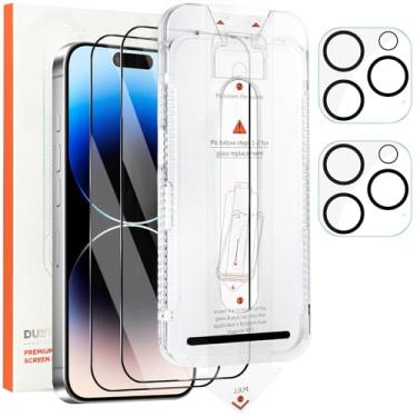Imagem de Jngnpn Pacote com 2 protetores de tela para iPhone 14 Pro com 2 protetores de lente de câmera, alinhamento automático, filme de vidro temperado premium, dureza 9H, livre de poeira, resistente a