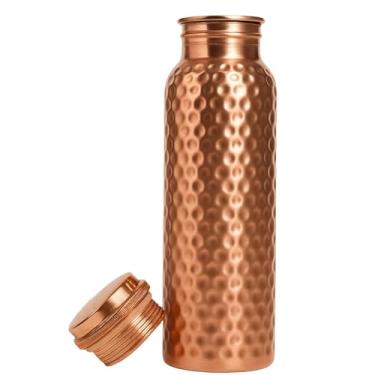 Imagem de HEALTHY Q Garrafa de água de cobre puro para uso diário | Copos ayurvédicos à prova de vazamento | Capacidade de 1 litro (martelado)