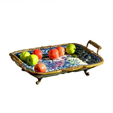 Imagem de Fruteira retangular prato de frutas retrô cerâmica fruteira sala de estar sala de jantar decoração de mesa alça dupla prato de frutas tigela de doces prato de frutas