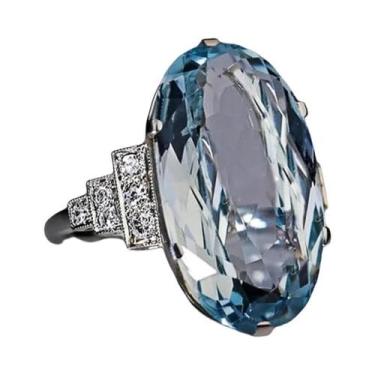 Imagem de Anel Solitário Oval Azul Céu Claro Para Mulheres Joia De Luxo Para Cas