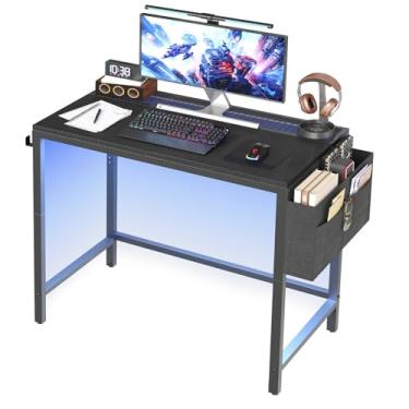 Imagem de YATINEY Mesa de computador com luzes LED, mesa de jogos com bolsa de armazenamento e mesa de malha respirável, mesa de escritório doméstico com gancho de fone de ouvido, para escritório em casa, sala