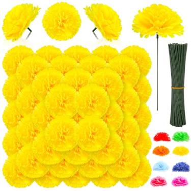 Imagem de LELEE 108 peças de flores de cabeça de cravo com haste - flores artificiais amarelas cravos a granel - flor falsa de cravo de seda para decoração de buquê de casamento, faça você mesmo, centro de mesa