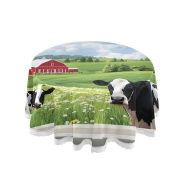 Imagem de Qilmy Toalha de mesa redonda de palmeira de treliça verde, 152 cm, resistente à água, à prova de derramamento, capa de mesa grande para jantar de reunião de família em ambientes internos e externos