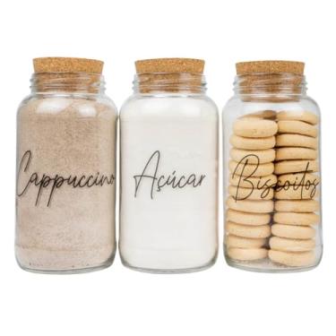 Imagem de Kit Cantinho do Café - 3 Potes de Vidro 810ml com Tampa Rolha de Cortiça (Cappuccino, Açúcar e Biscoitos)