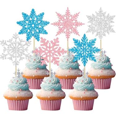 Imagem de Gyufise 36Pcs Snowflake Cupcake Toppers Glitter Frozen Cupcake Picks Snowflake Cake Decorations for Winter Wonderland Frozen Theme Baby Shower Birthday Christmas Party Supplies Multicolor