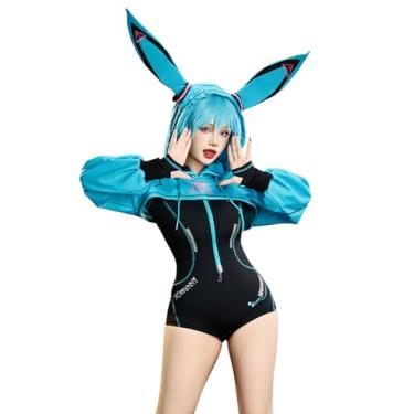 Imagem de Mobbunny Lingerie sexy derivada de anime, roupa esportiva, estilo cibernético, cosplay, body com capuz, jaqueta curta, Azul, M