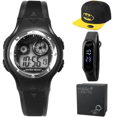 Imagem de Relogio Digital Preto Infantil Batman Criança + Bone + Caixa