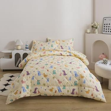 Imagem de Brandream Jogo de cama infantil tamanho Queen, 3 peças, edredom de algodão para crianças, meninos e meninas, fofo, colorido, estampa de dinossauro, macio, macio para todas as estações para decoração