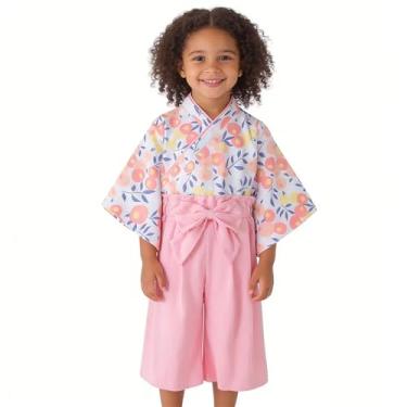 Imagem de Fantasia de quimono para meninas, conjunto de roupas de samurai para crianças, vestido de princesa japonês, fantasia de Halloween, cosplay, capa rosa