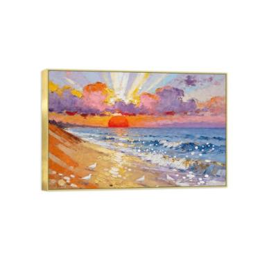 Imagem de Impressão em tela de paisagem pronta para pendurar - nuvens pôr do sol do mar - pintura de arte de parede decoração moderna para casa quadro dourado 50 x 75 cm 20 x 30 pol