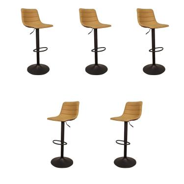 Imagem de Kit 5 Banquetas Decorativas Travis PU com Regulagem de Altura Base Disco c/Apoio Para os Pés Caramelo/Preto G56 - Gran Belo