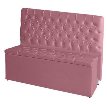 Imagem de Kit De Quarto Cabeceira De Cama Box E Calçadeira Baú Bella Casal 140 Cm Suede Botão Strass Rosa Bebê Eli Móveis E Decora