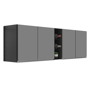 Imagem de Armário De Cozinha Aéreo Califórnia Kit 2 E Nicho Adega Riad 180cm Preto-cinza - Lumil