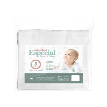 Imagem de Kit 5 Fraldas Especial Branca para Bebê 70cm x 70 cm - Fraldas Incomfr