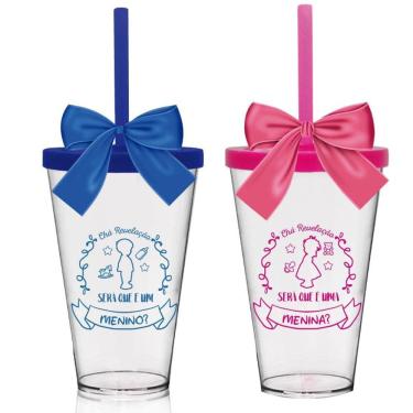 Imagem de Copos com Tampa e Canudo 550 ml Azul Rosa Chá Bebê Revelação
