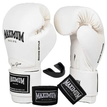 Imagem de Kit Luva de Boxe Muay Thai Kickboxing New Classic Branco + Bandagem 3m + Protetor Bucal - Maximum-Unissex