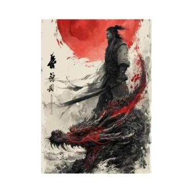 Imagem de Pintura Em Tela De Guerreiro Samurai Da Lua Vermelha Com Paisagem Japo
