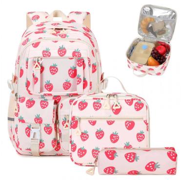 Imagem de Mochila escolar PIG PIG GIRL morangos 3 em 1 com lancheira e estojo, estilo ita bag