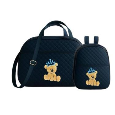 Imagem de Kit Bolsa E Mochila para Bebê Saida Maternidade Urso Bordada Azul Mari