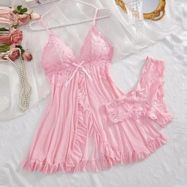 Imagem de Conjunto De Camisola De Renda Feminina Com Decote Em V, Pijamas Transp
