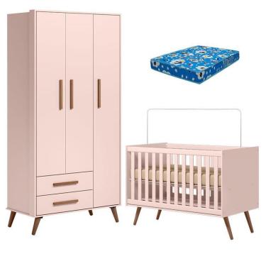Imagem de Berço Americano 3820 e Guarda Roupa Roupa 3830 Q Encanto Retrô Rosa com Colchão Tend Tu...