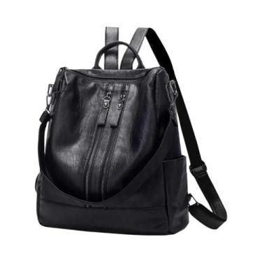 Imagem de Mochila Feminina Grande De Couro Preto Macio Multifuncional Para Facul