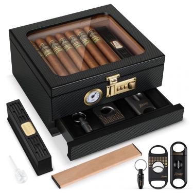 Imagem de Umidor Charutos Tesonway Preto Higrômetro Frontal Gaveta 20-35 Charutos