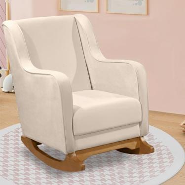 Imagem de Poltrona Amamentação Base Madeira Balanço Vick Veludo Off F03 - Mpozenato
