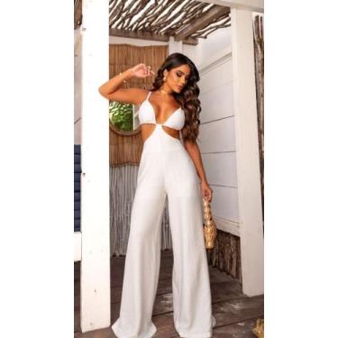 Imagem de Macacão longo feminino branco tecido em algodão, veste do p ao m - NAC