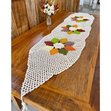 Imagem de Caminho de Mesa Crochê Artesanal Folhas de Uva Algodão e Polipropileno Feito à Mão 1,65MX35CM Verde