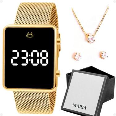 Imagem de relogio digital feminino dourado + brincos + caixa + colar silicone so