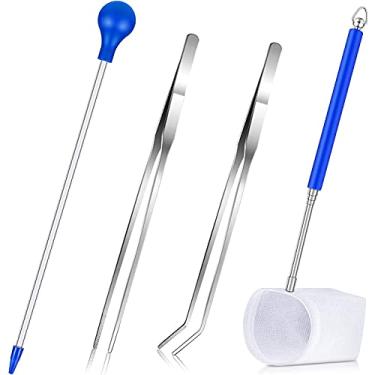 Imagem de 4 pinças para aquário de aço inoxidável, pinça curva reta, cabo extensível, rede de limpeza de peixe e tubo de alimentador de manchas de coral, ferramenta de alimentação de recife de peixe de acrílico para aquário e lagoa