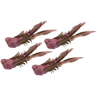 Imagem de Kit Passarinho Natal Penas Pérolas Rosê 16cm 4 Un Magizi