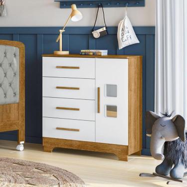 Imagem de Cômoda Infantil 1 Porta 4 Gavetas Fly Tigus Baby Branco/Madeirado Ypê