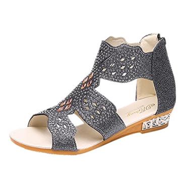 Imagem de Sandálias femininas para mulheres meninas casual verão vintage sapatos de cristal sandálias femininas material: couro artificial, Preto, 7.5