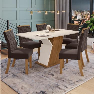 Imagem de Conjunto Sala de Jantar Tampo MDF com Vidro Canto Arredondado 160 Cm 06 Cadeiras Lupita Casa 812 - Nature com Off White e Marrom Expresso