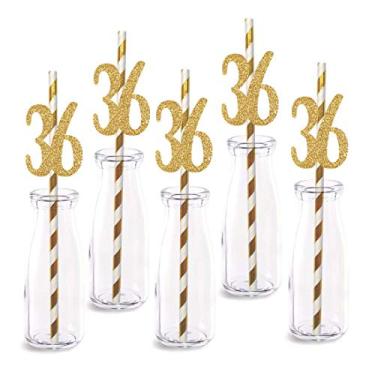 Imagem de Decoração de palha de papel de aniversário de 36 anos, 24 unidades de números de corte de glitter dourado real Happy 36 anos canudos decorativos de festa