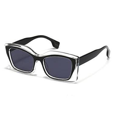 Imagem de Óculos de sol de olho de gato retangular de retalhos vintage para mulheres moda armação de cor dupla poligonal branco gradiente óculos de sol, cinza preto, sem estojo