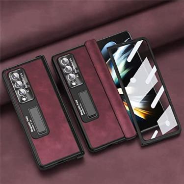 Imagem de FIRSTPELLA Capa compatível com Samsung Z Fold 4, capa traseira de couro de luxo com moldura de lente de textura de CD de metal e lente de vidro, capa de telefone com proteção de dobradiça magnética vermelho vinho