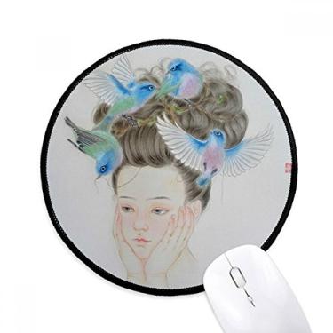 Imagem de Mouse pad Pretty Girl Blue Bird Pintura chinesa Tapete redondo para escritório