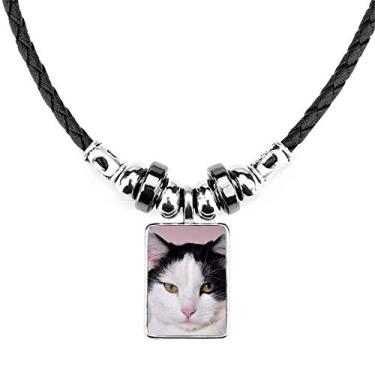 Imagem de DIYthinker Colar de gato animal de estimação Tuxedo Billicat Joias Torque Pingente de corda de couro