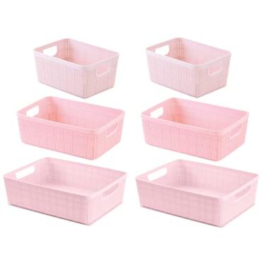 Imagem de Plasnorthon 6 Cestos Organizadores Multiuso Decorativo Rattan Home Organizer 2P-2M-2G Cor: Rosa